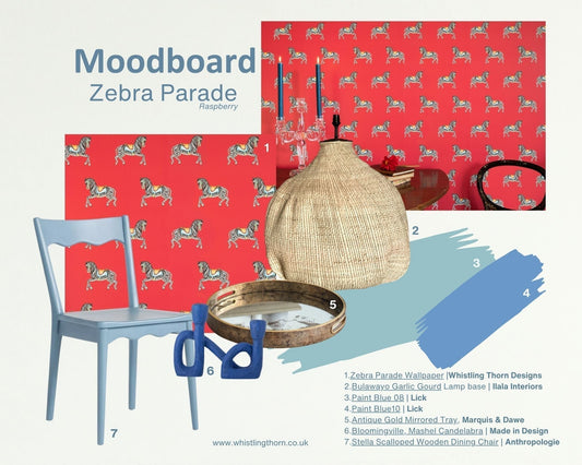 How to use red in your home. Zebra Parade Wallpaper inspired moodboard