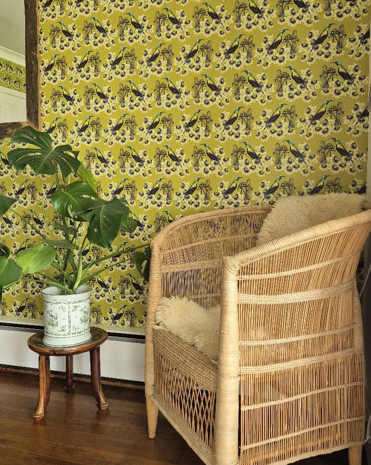 Living room with wicker Malawi chair, plant, and Kirirmiri Olive patterned wallpaper