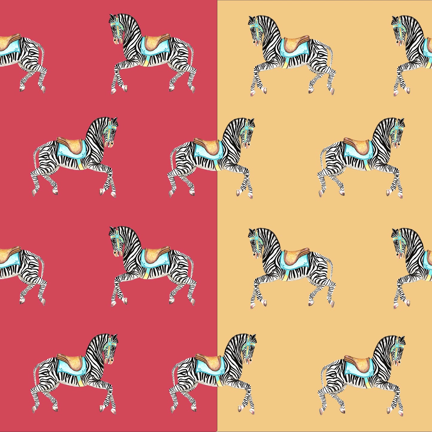 A sample of wallpaper featuring a repeated zebra pattern in different colours on a  Raspberry red and Moroccan Ochre  (yellow) background.