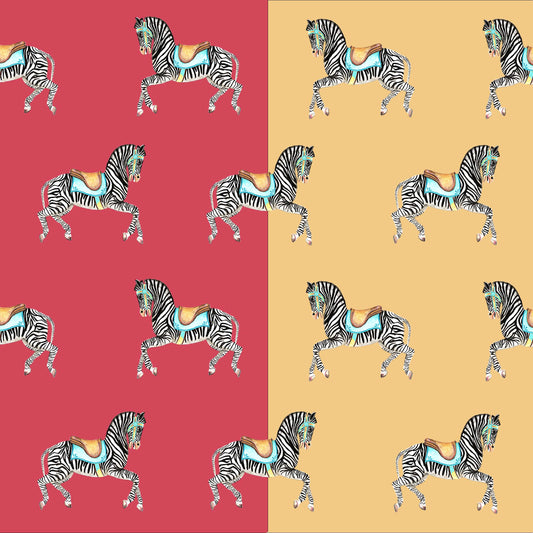 A sample of wallpaper featuring a repeated zebra pattern in different colours on a  Raspberry red and Moroccan Ochre  (yellow) background.