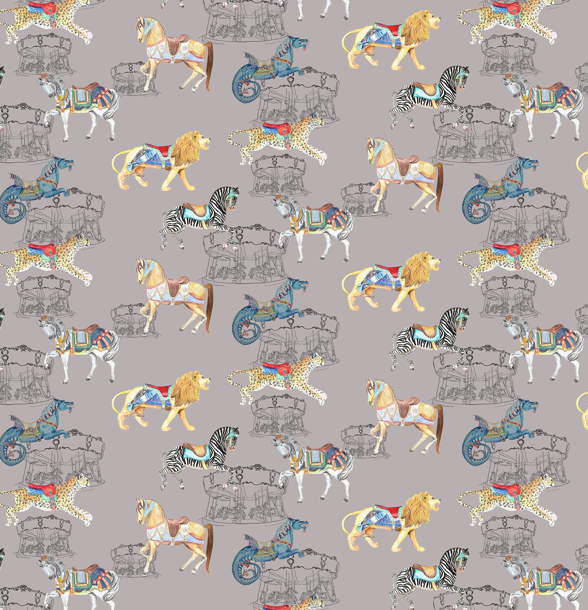 An image of Carousel Safari wallpaper pattern - a carousel and safari-themed wallpaper