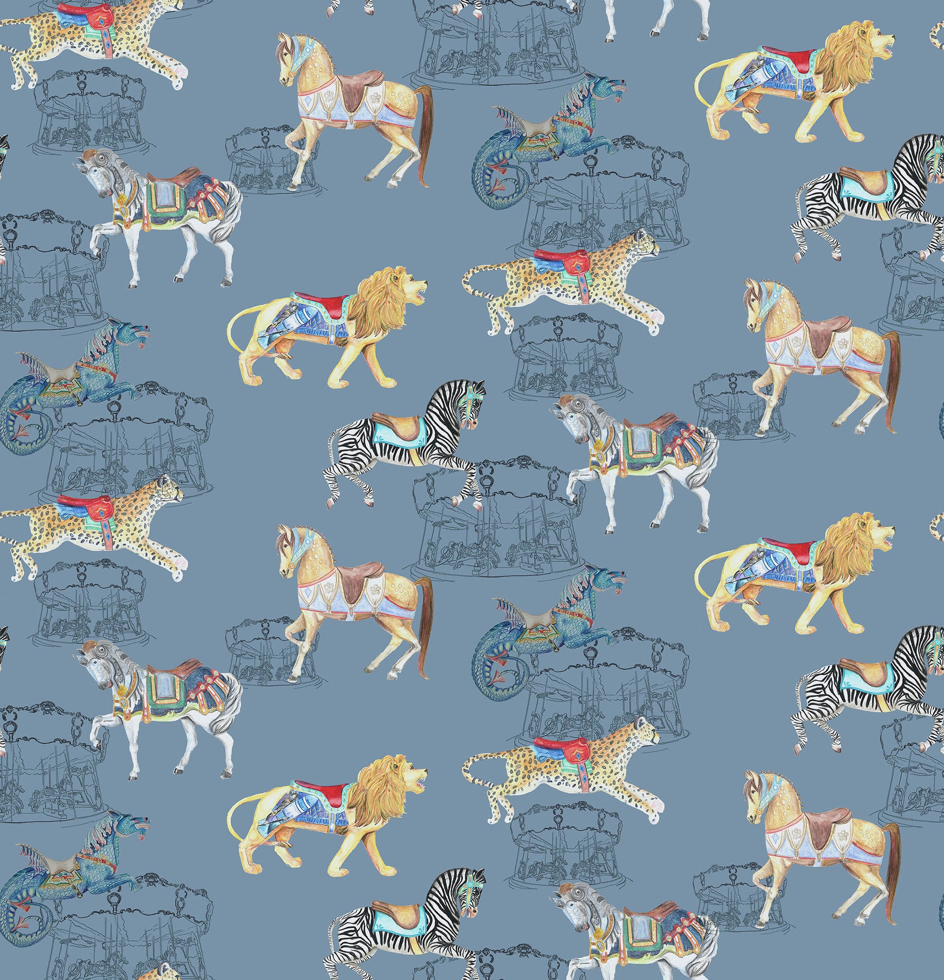 An image of Carousel Safari wallpaper pattern - a carousel and safari-themed wallpaper