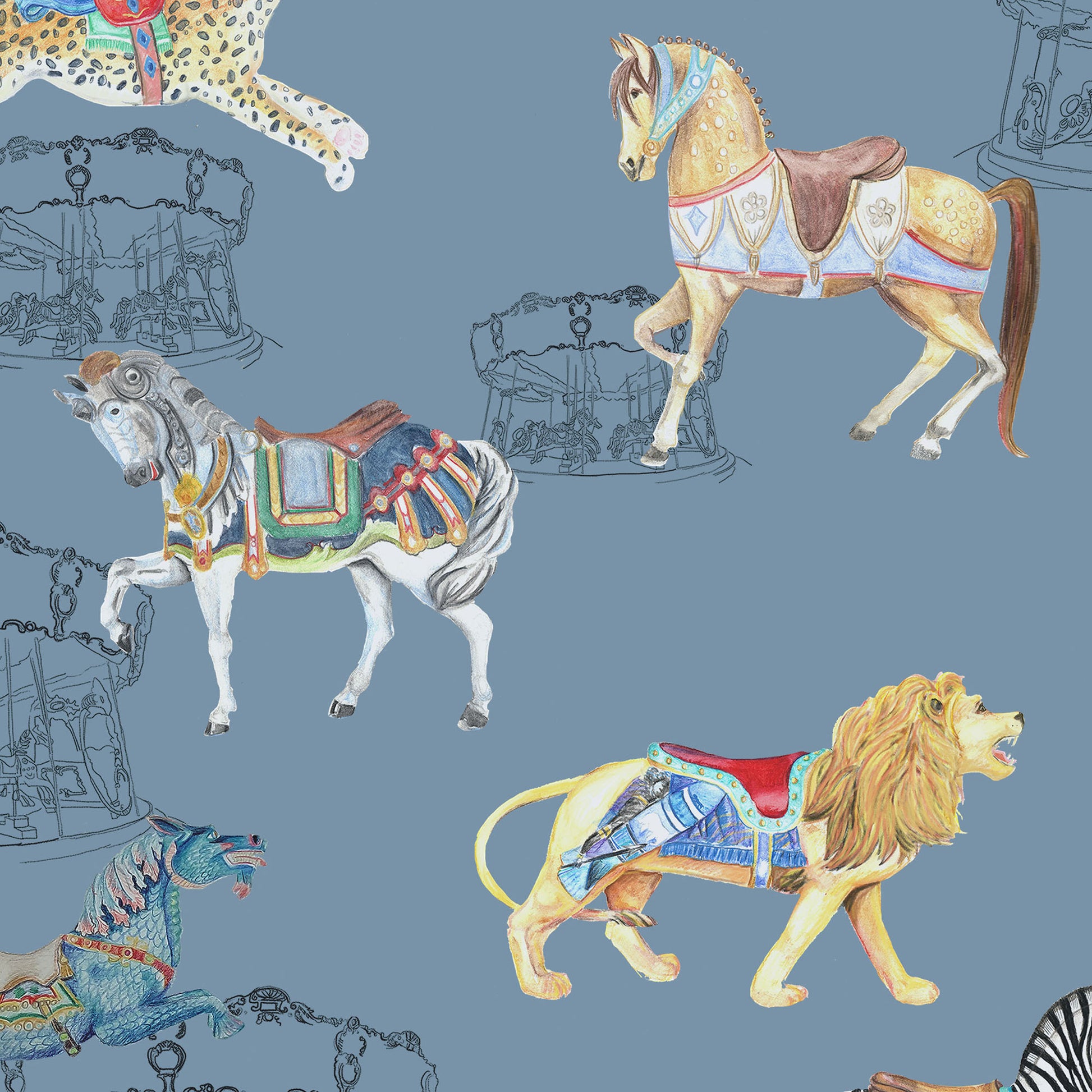 Close up of Carousel Safari wallpaper pattern - a carousel and safari-themed wallpaper featuring carousel horses and a lion.